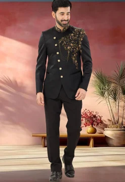 Embellished Terry Rayon Jodhpuri Suit in Black
