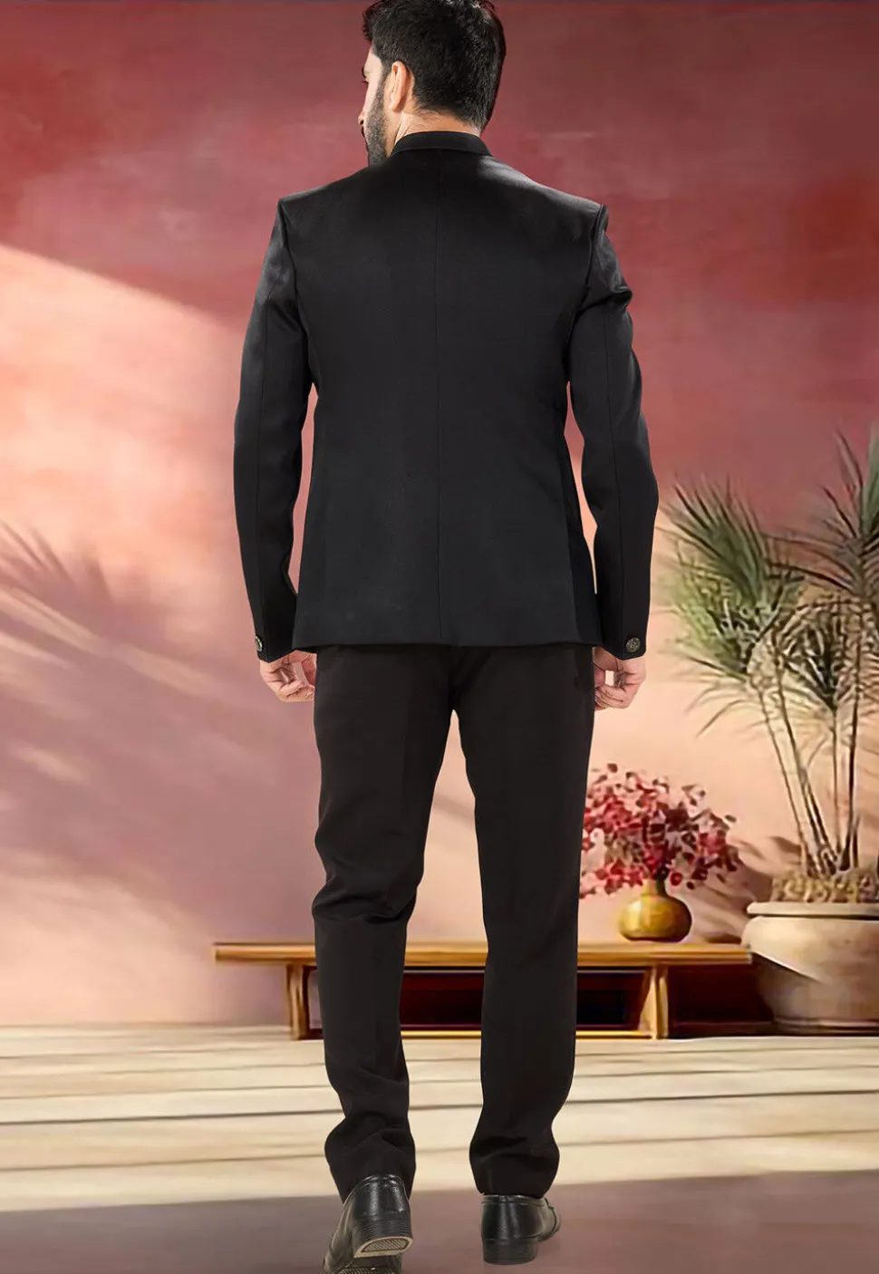 Embellished Terry Rayon Jodhpuri Suit in Black
