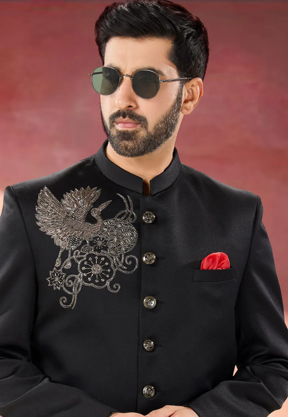 Embellished Terry Rayon Jodhpuri Suit in Black