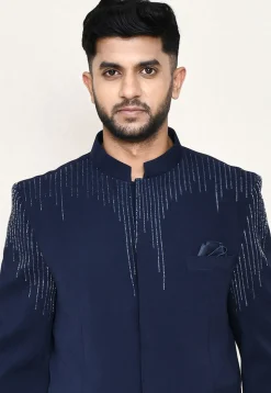 Embellished Terry Rayon Jodhpuri Suit in Navy Blue