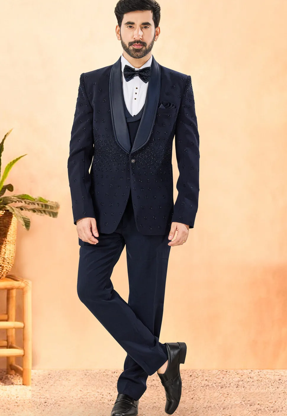Embellished Terry Rayon Tuxedo in Navy Blue
