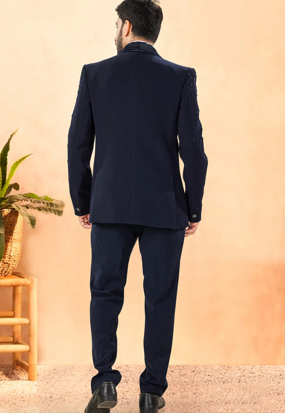 Embellished Terry Rayon Tuxedo in Navy Blue