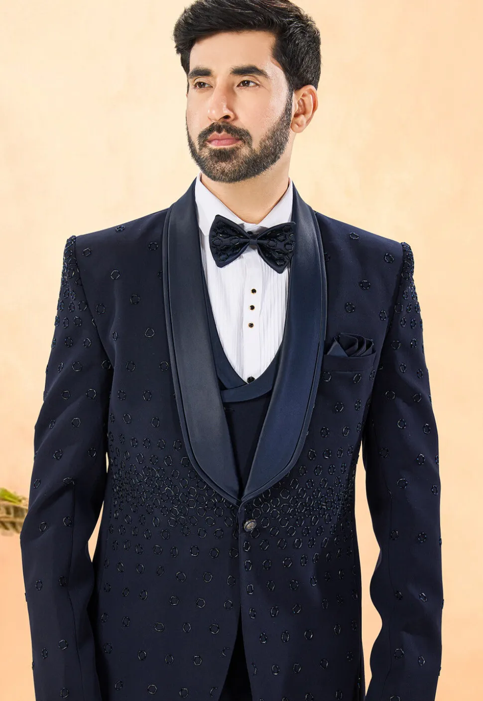 Embellished Terry Rayon Tuxedo in Navy Blue