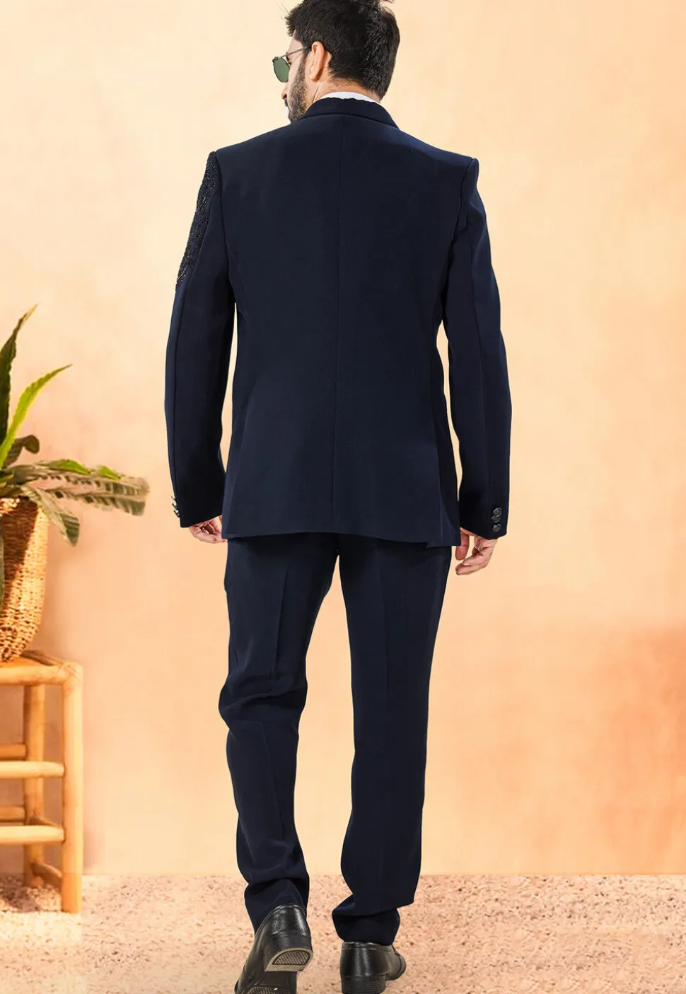 Embellished Terry Rayon Tuxedo in Navy Blue