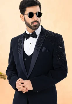 Embellished Terry Rayon Tuxedo in Navy Blue