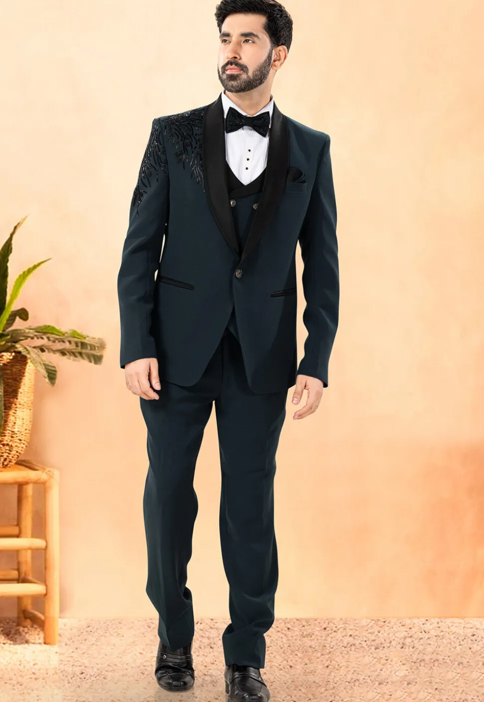 Embellished Terry Rayon Tuxedo in Dark Teal Blue