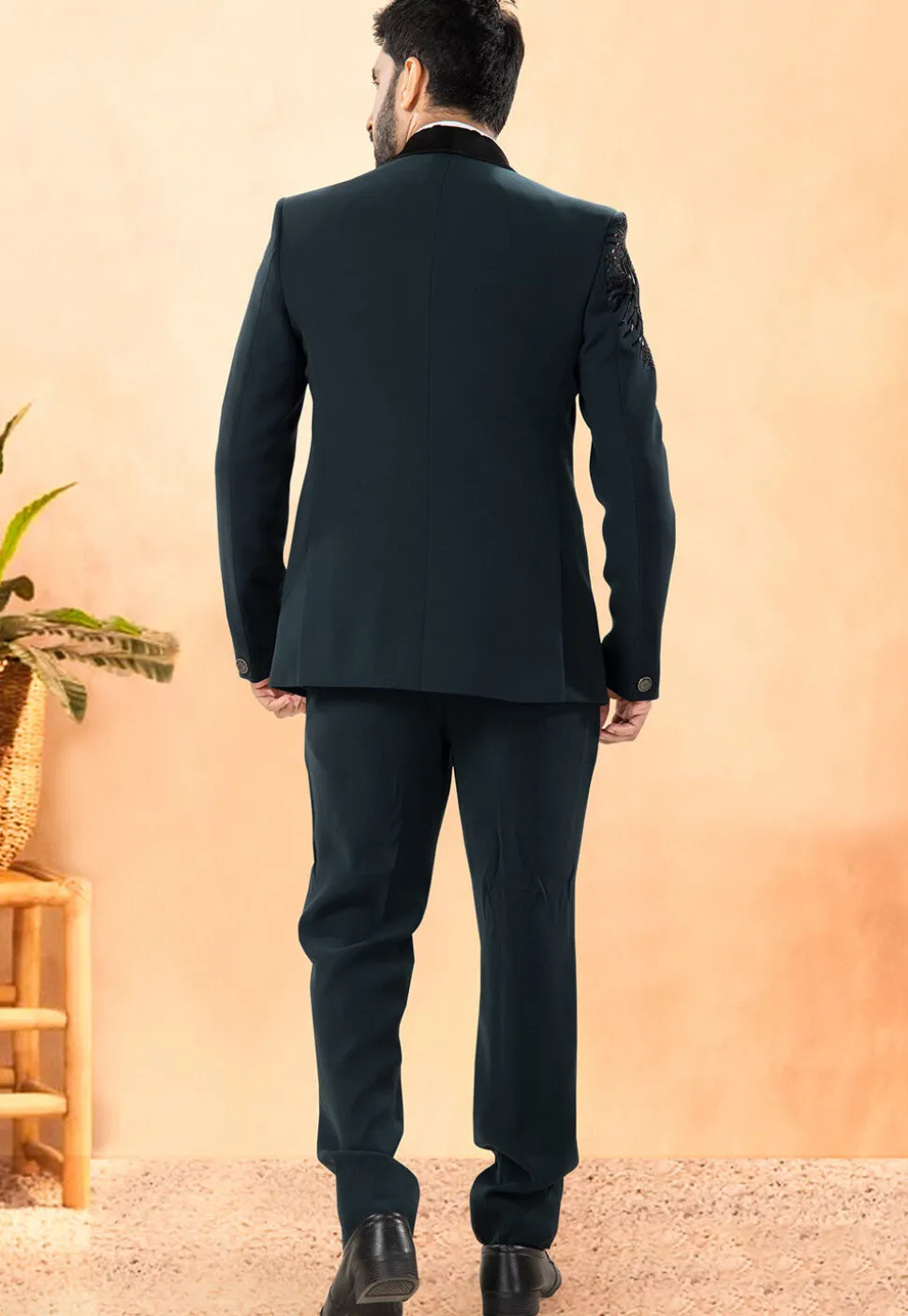 Embellished Terry Rayon Tuxedo in Dark Teal Blue