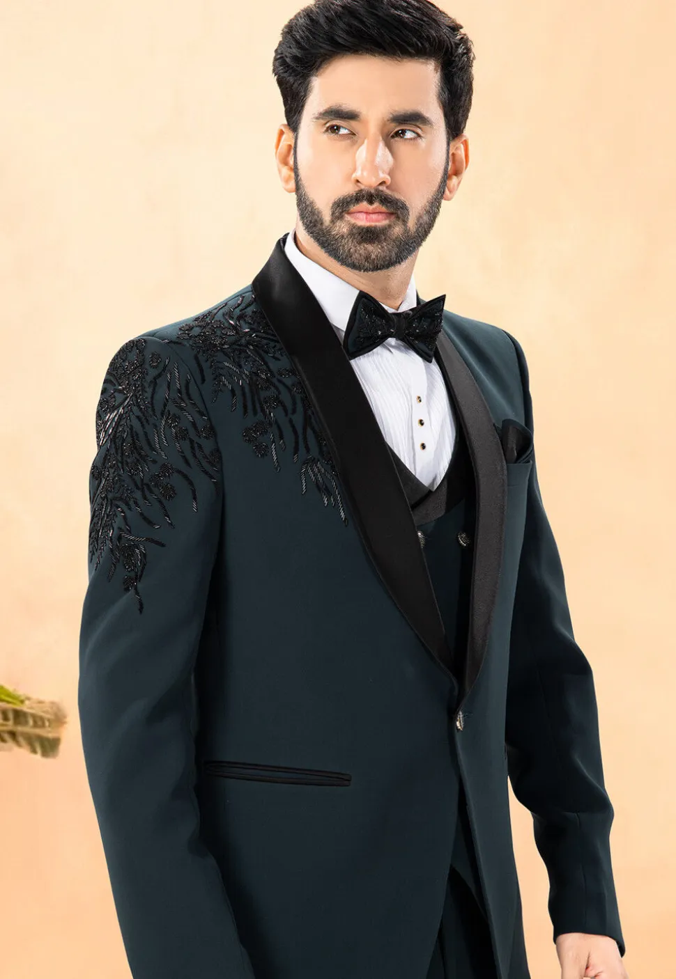 Embellished Terry Rayon Tuxedo in Dark Teal Blue