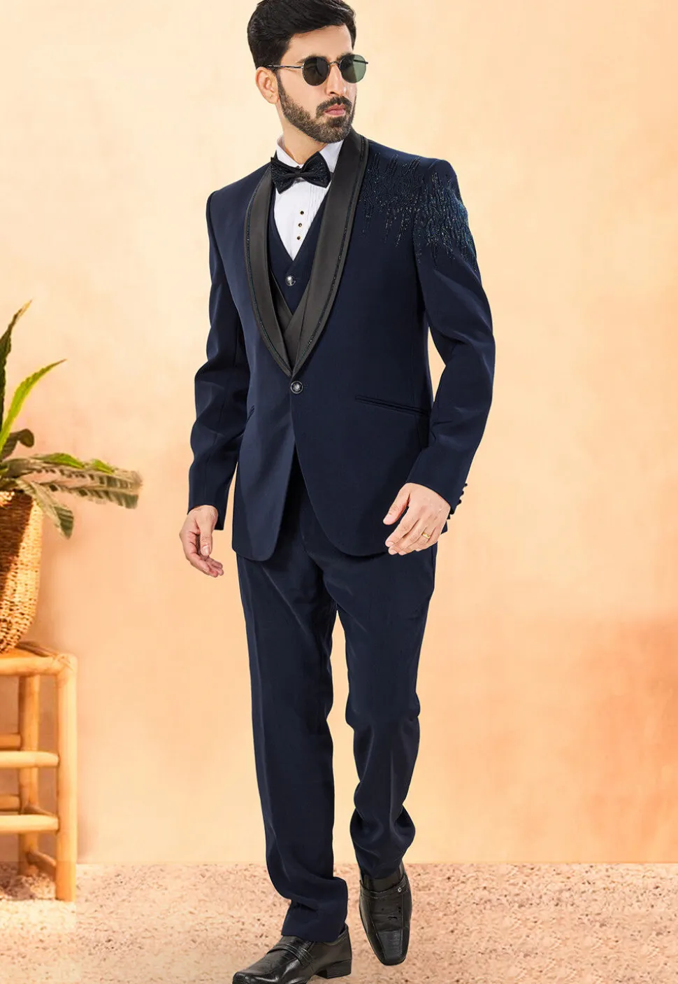 Embellished Terry Rayon Tuxedo in Navy Blue