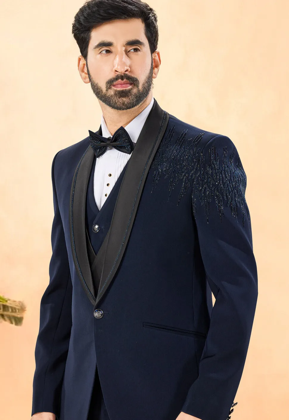 Embellished Terry Rayon Tuxedo in Navy Blue