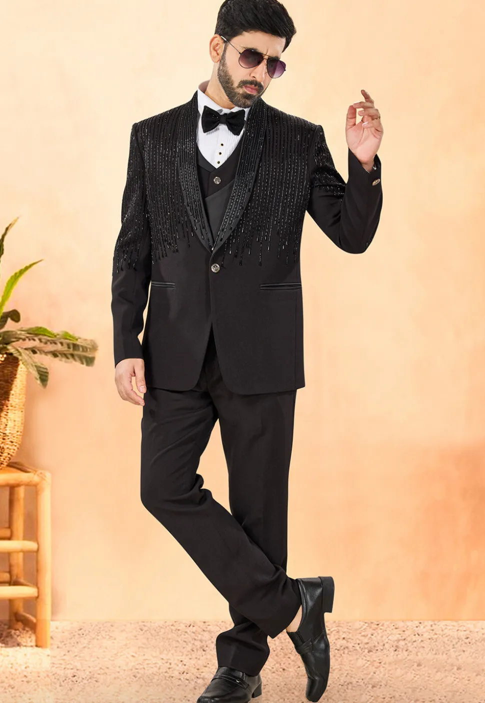 Embellished Terry Rayon Tuxedo in Black
