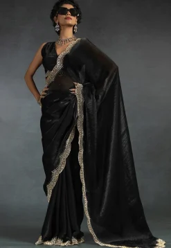 Embellished Tissue Scalloped Saree in Black