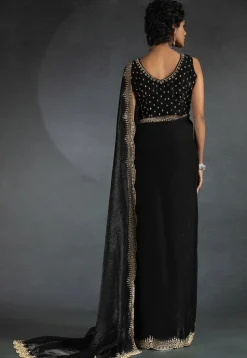 Embellished Tissue Scalloped Saree in Black