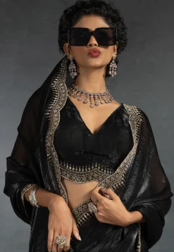 Embellished Tissue Scalloped Saree in Black