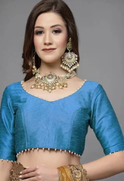 Embellished Trim Art Silk Blouse in Blue