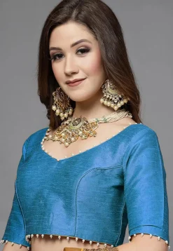 Embellished Trim Art Silk Blouse in Blue