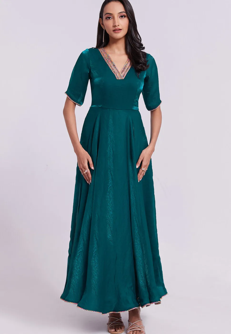 Embellished Trim Organza Gown in Teal Green