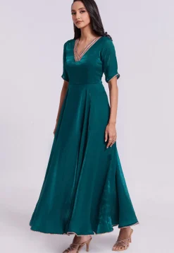 Embellished Trim Organza Gown in Teal Green