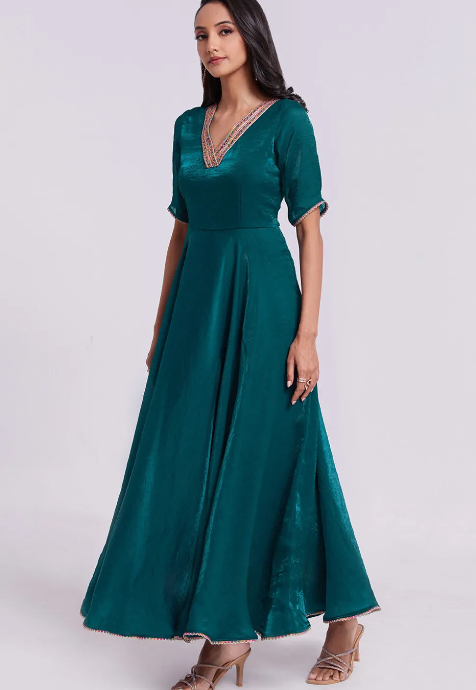 Embellished Trim Organza Gown in Teal Green