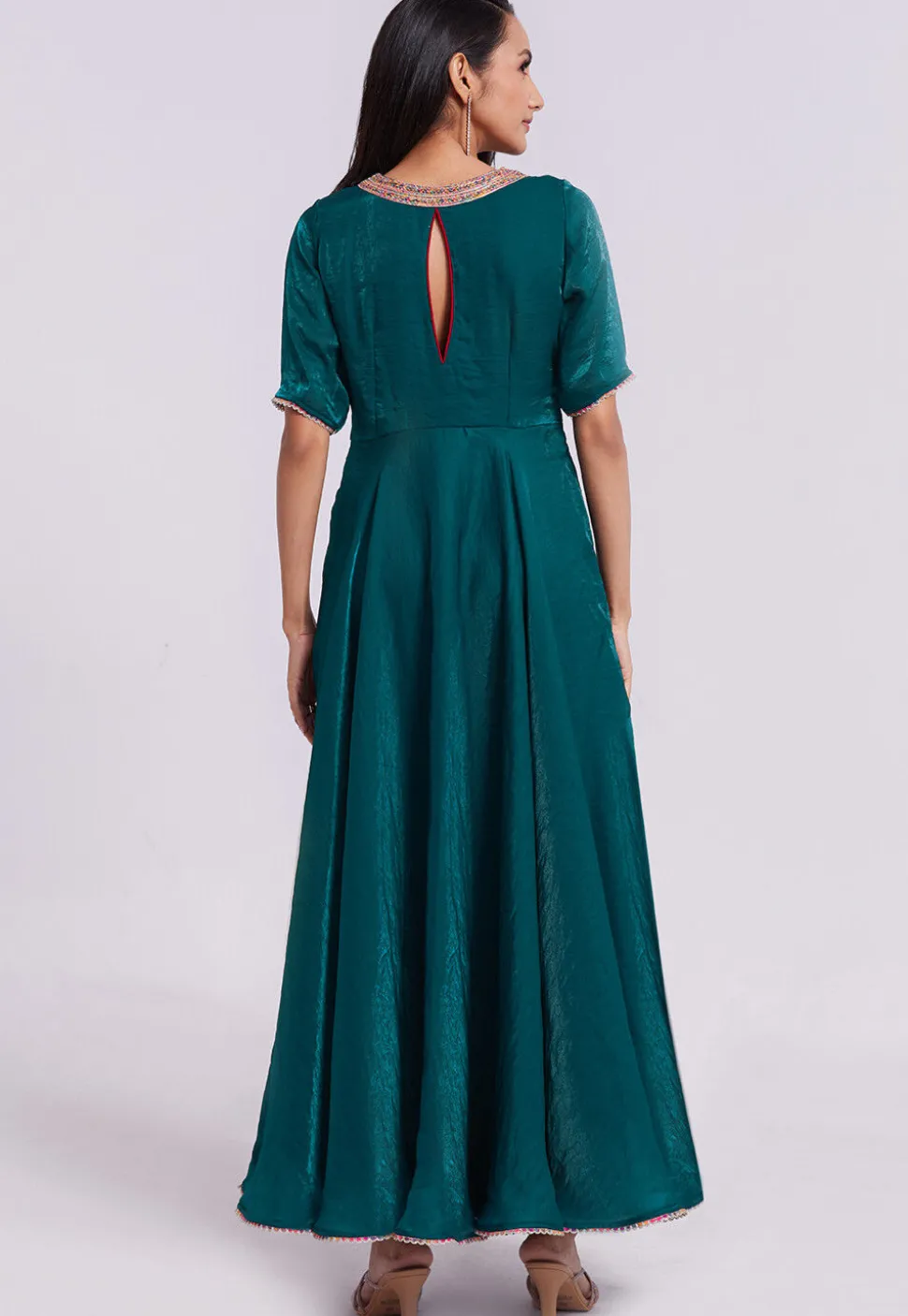 Embellished Trim Organza Gown in Teal Green