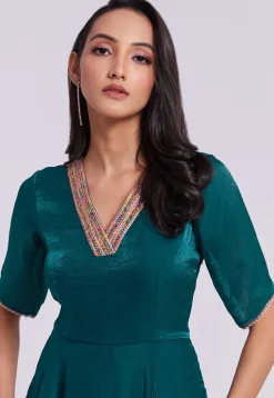 Embellished Trim Organza Gown in Teal Green