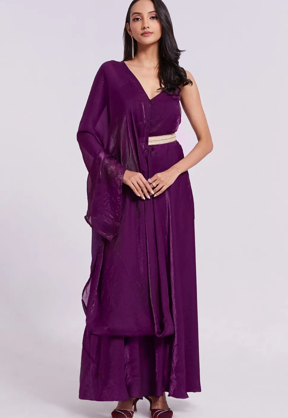 Embellished Trim Organza Gown with attached Dupatta in Wine