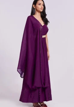 Embellished Trim Organza Gown with attached Dupatta in Wine