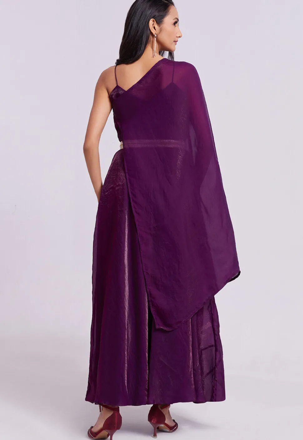 Embellished Trim Organza Gown with attached Dupatta in Wine