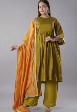 Embellished Trims Chanderi Cotton Pakistani  Suit in Green