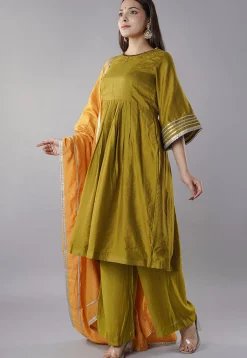 Embellished Trims Chanderi Cotton Pakistani  Suit in Green