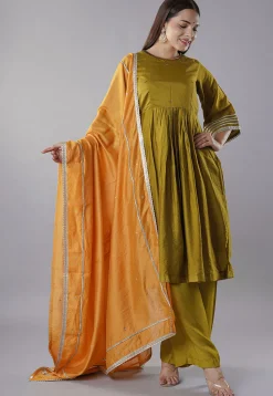 Embellished Trims Chanderi Cotton Pakistani  Suit in Green