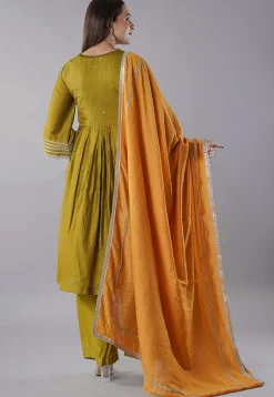 Embellished Trims Chanderi Cotton Pakistani  Suit in Green