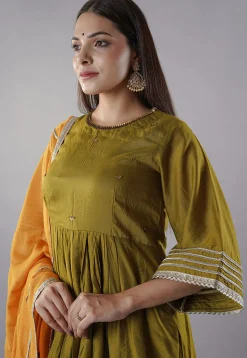 Embellished Trims Chanderi Cotton Pakistani  Suit in Green