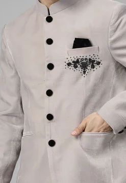 Embellished Velvet Blazer Set in Light Grey