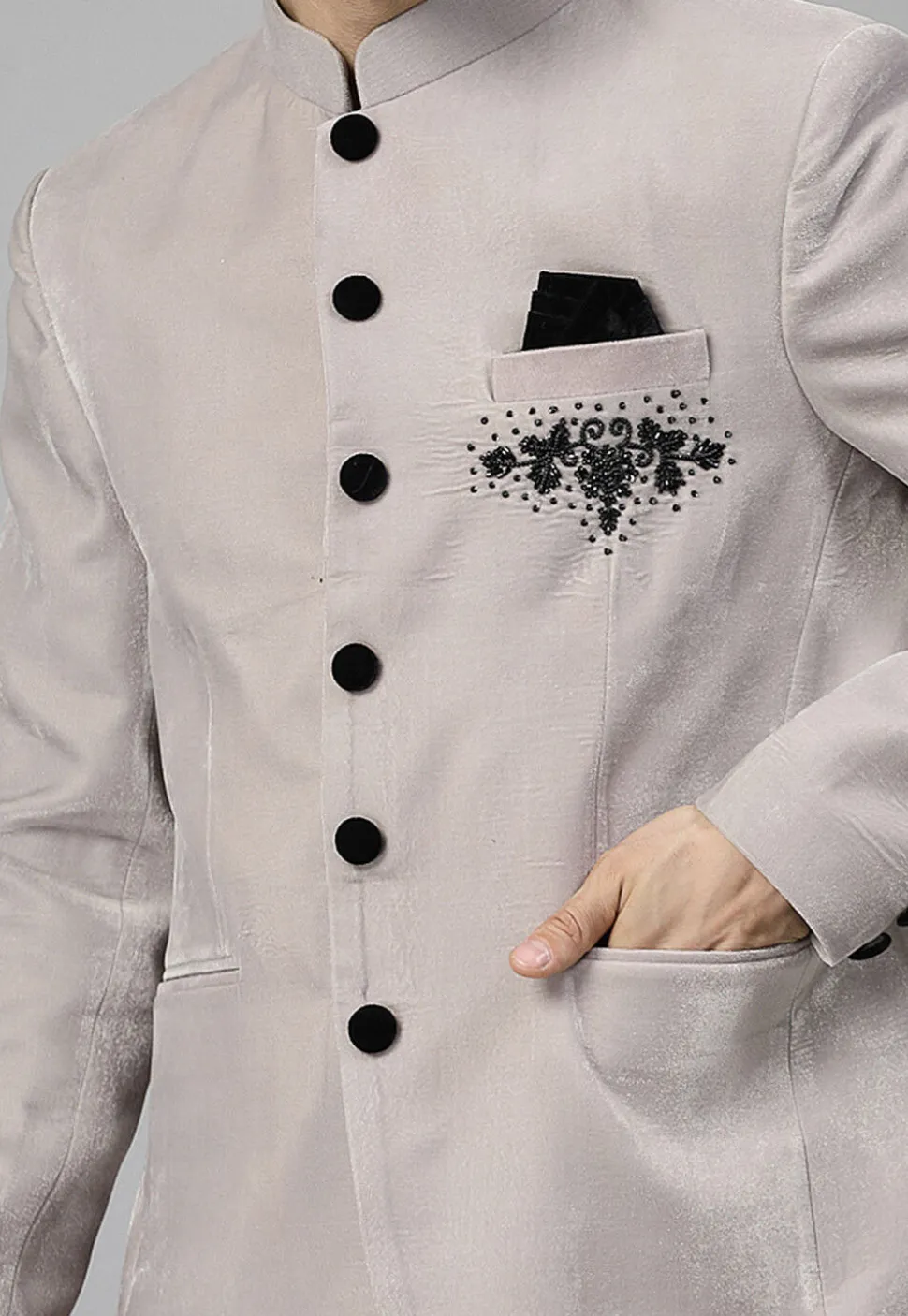 Embellished Velvet Blazer Set in Light Grey