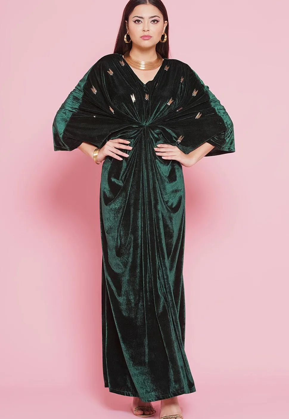 Embellished Velvet Gown in Dark Green