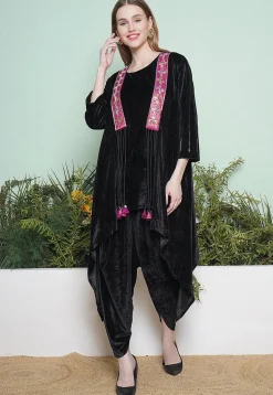 Embellished Velvet High Low Kurta Set in Black