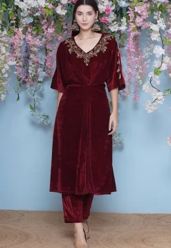 Embellished Velvet Kaftan Set in Maroon