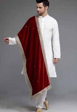 Embellished Velvet Mens Dupatta in Maroon