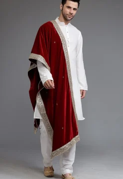 Embellished Velvet Mens Dupatta in Maroon