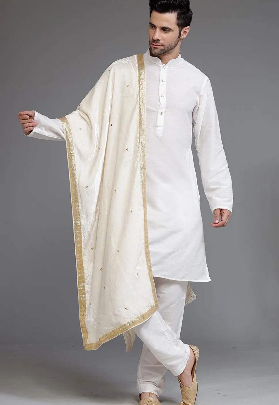 Embellished Velvet Mens Dupatta in Cream