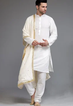 Embellished Velvet Mens Dupatta in Cream