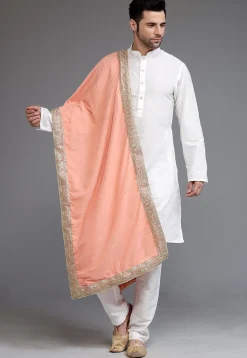 Embellished Velvet Mens Dupatta in Peach