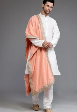 Embellished Velvet Mens Dupatta in Peach