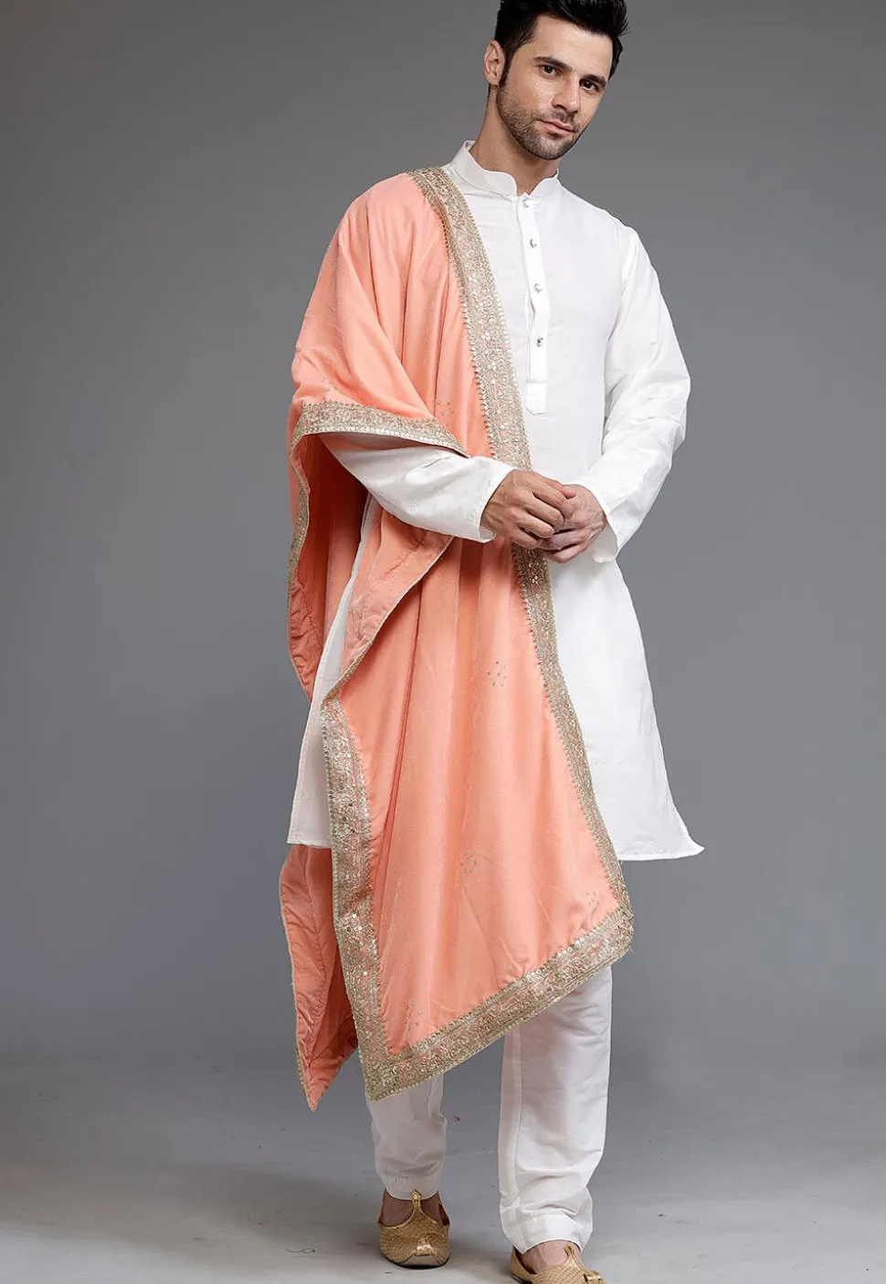 Embellished Velvet Mens Dupatta in Peach