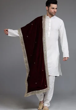 Embellished Velvet Mens Dupatta in Wine