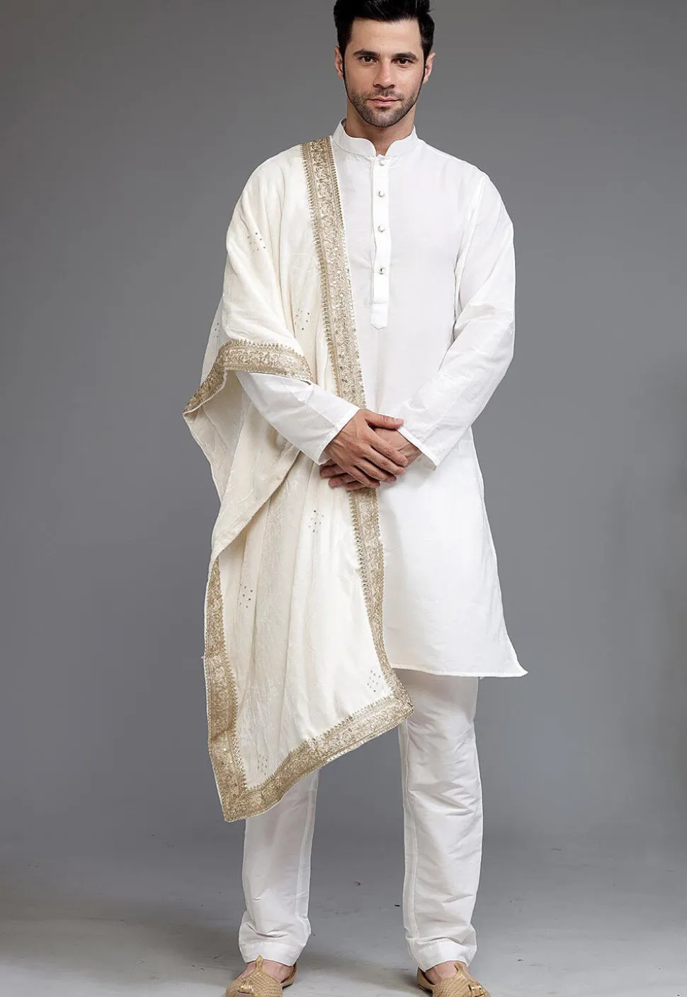 Embellished Velvet Mens Dupatta in Cream