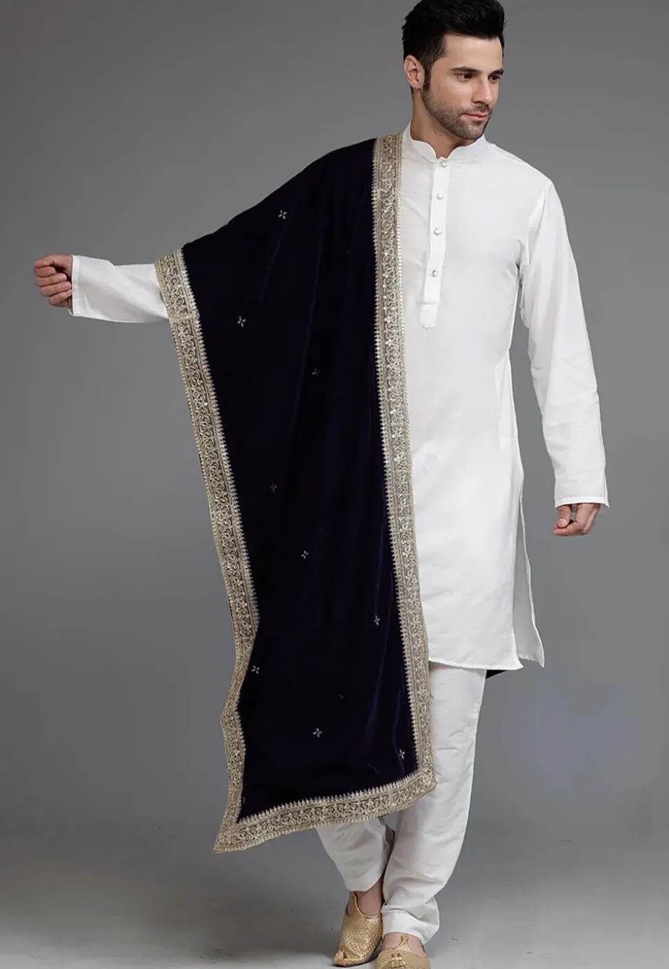 Embellished Velvet Mens Dupatta in Navy Blue