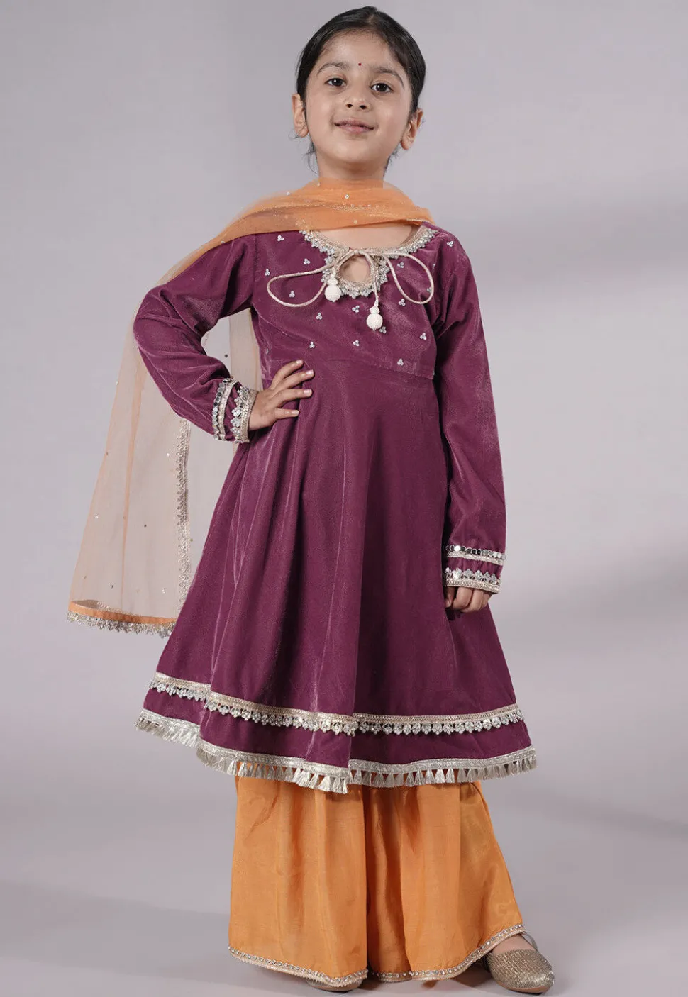 Embellished Velvet Pakistani Suit in Purple