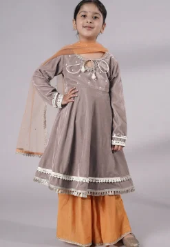 Embellished Velvet Pakistani Suit in Light Grey
